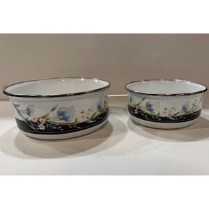 Enamel Bowls Set Blue stacking Iris Floral Design Kitchenware one lid B2.50